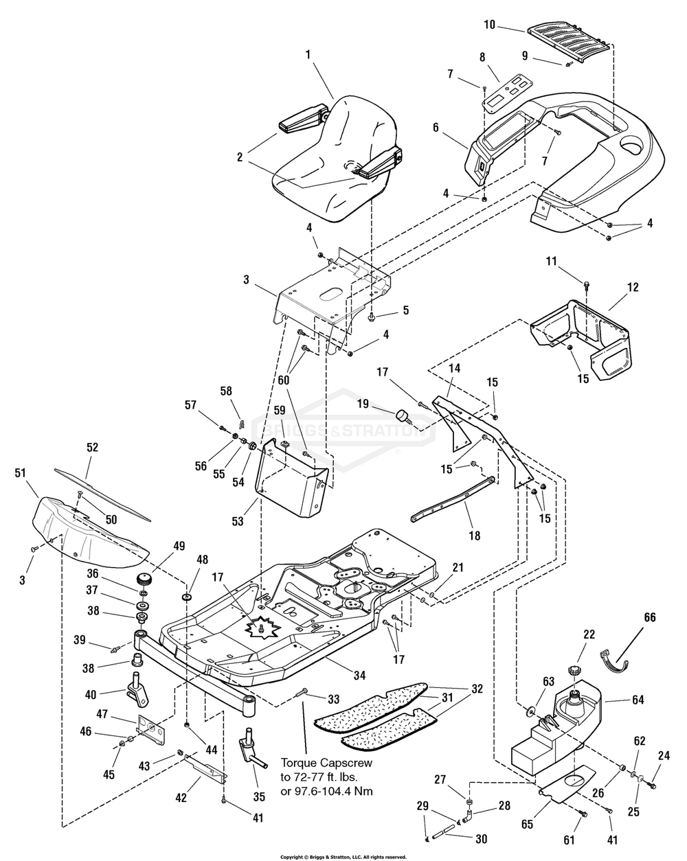 Frame, Body And Seat Group Diagram and Parts List for 2690514 (107277680)(2005) Briggs and Stratton Lawn Tractor